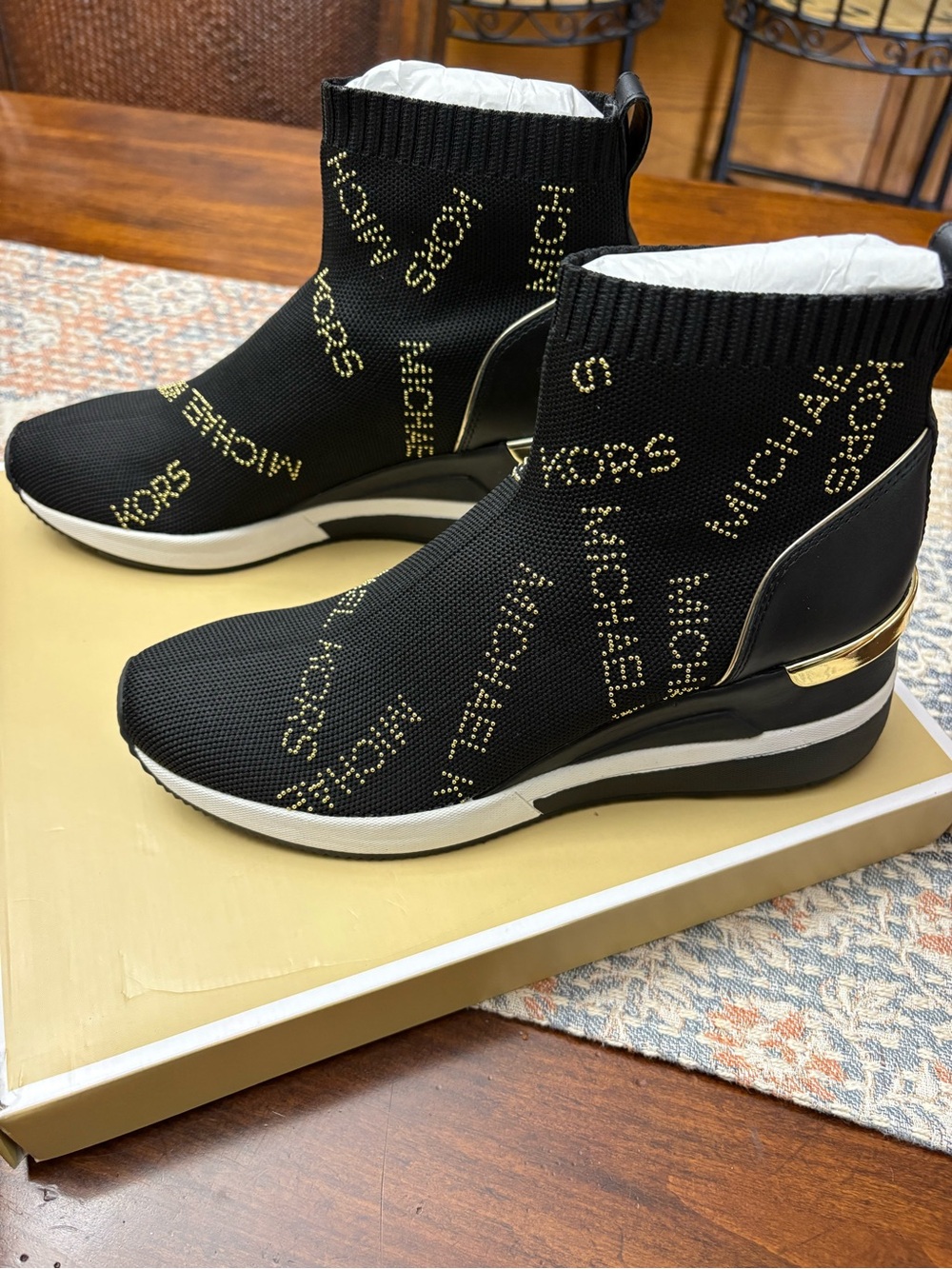 Michael Kors Black Knit Logo Wedge Sneakers with Gold Stud Detailing